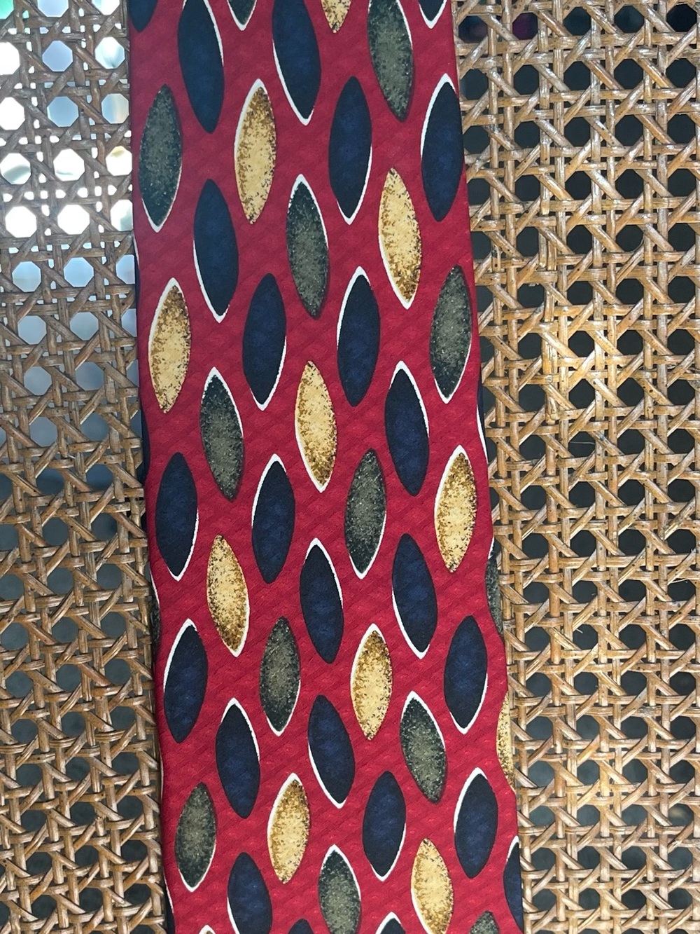 Ferrell Reed Vintage Red Silk Tie Navy Gold Oval Pattern